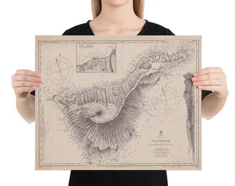May include: A vintage map of Tenerife, an island in the Canary Islands, with detailed topography and coastline. The map is printed on a cream-colored paper with black ink and includes a compass rose and a smaller inset map of the island's northern tip.