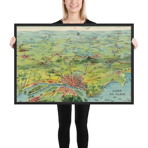 Detroit MI Karte (1920) Old Michigan Birds Eye Railroad Atlas Gerahmtes Poster