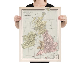 May include: A vintage map of the British Isles, showing the different kingdoms and regions that existed in the 9th century. The map is printed on cream-coloured paper with a light blue background. The map is bordered by a black frame.