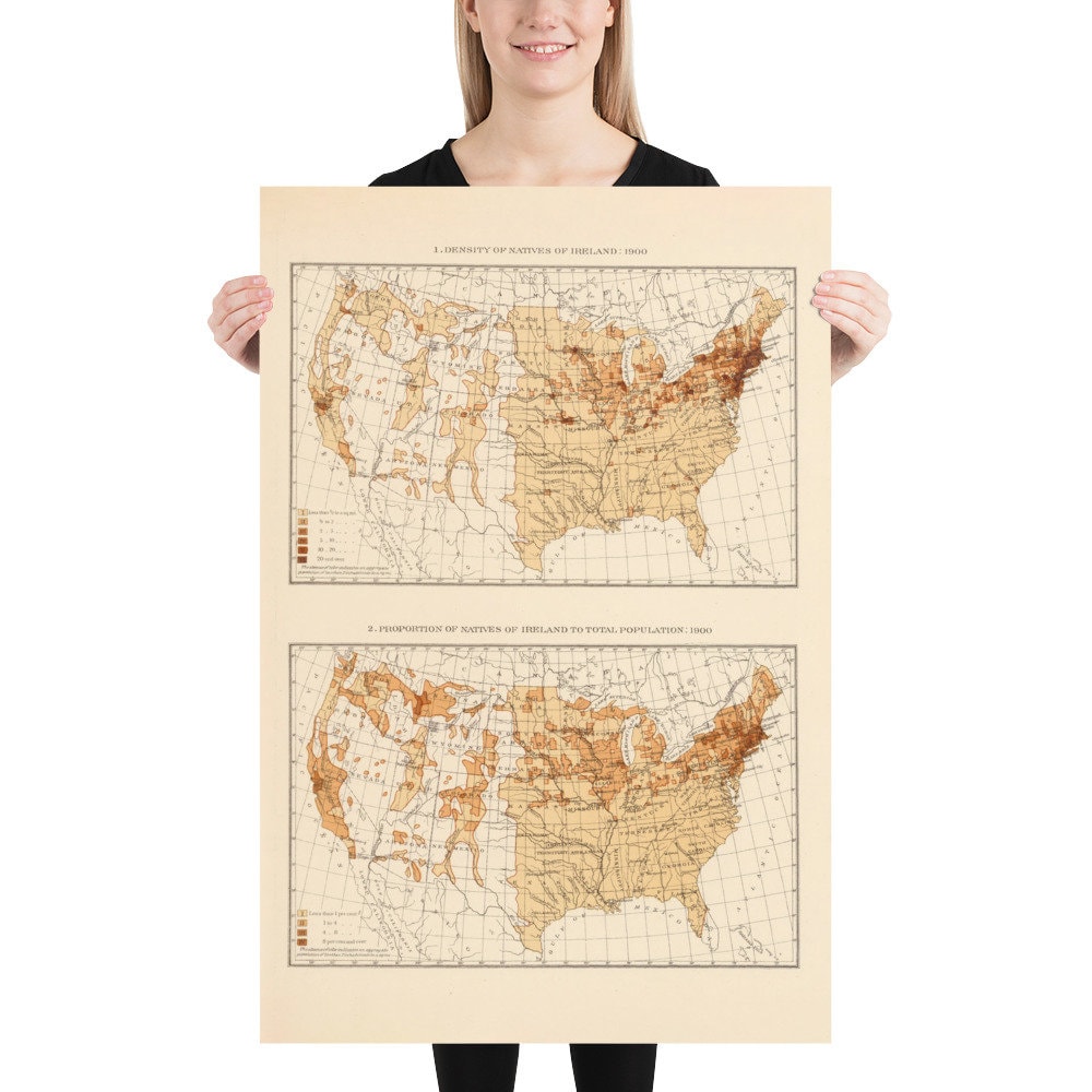 Old Us Irish Population Map 1900 Vintage United States Etsy