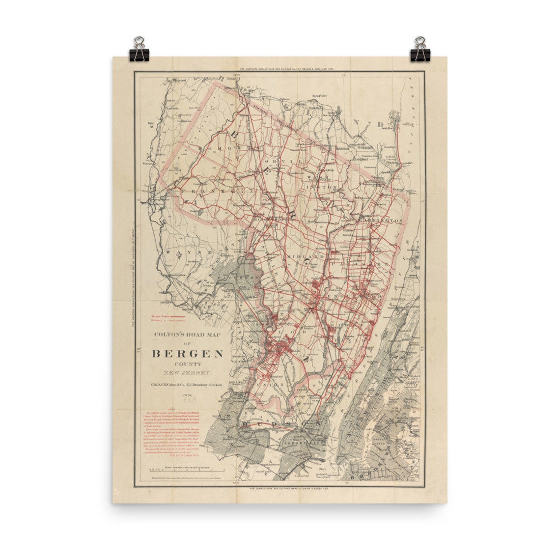 Bergen County NJ Map 1896 Old New Jersey Road Atlas Poster Etsy