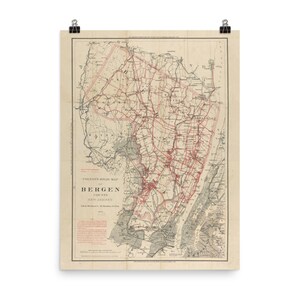 Bergen County NJ Carte (1896) Old New Jersey Road Atlas Poster