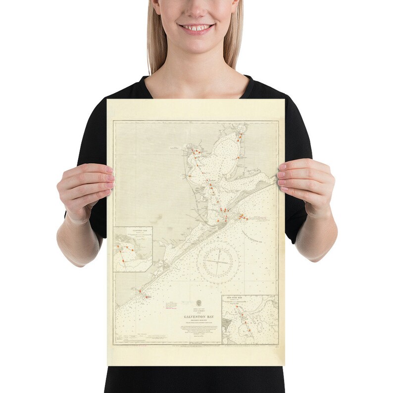 Old Galveston Bay TX Map (1914) Vintage Gulf of Mexico Texas Inlet ...