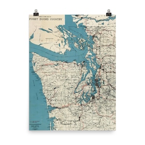 carte vintage de Puget Sound (1919) Washington State Pacific Ocean Inlet Poster