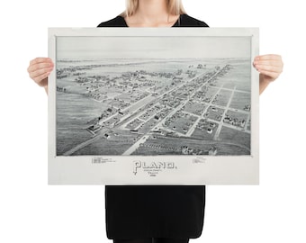 May include: A black and white aerial view map of Plano, Texas from 1886. The map shows the layout of the town with streets, buildings, and a railroad track.