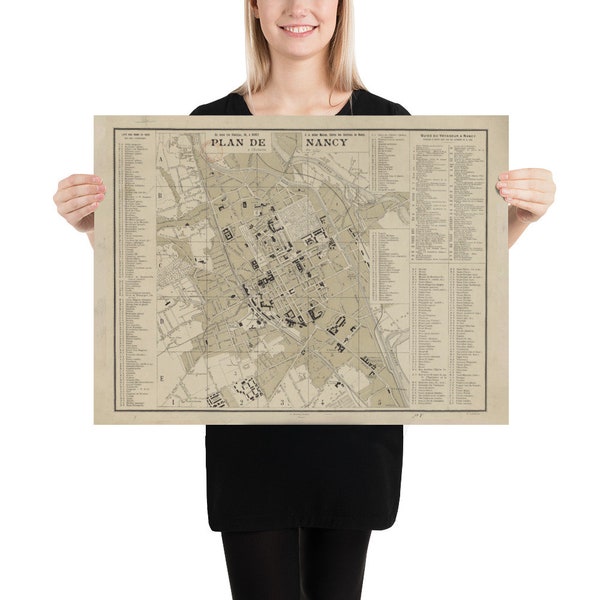 Old Nancy France Map (1894) Vintage Meurthe-et-Moselle Capital City Atlas Poster