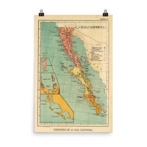 May include: A vintage map of Baja California, Mexico, with a colour-coded key showing different districts. The map is titled "Territorio de la Baja California" and "Carta 50: Baja California".