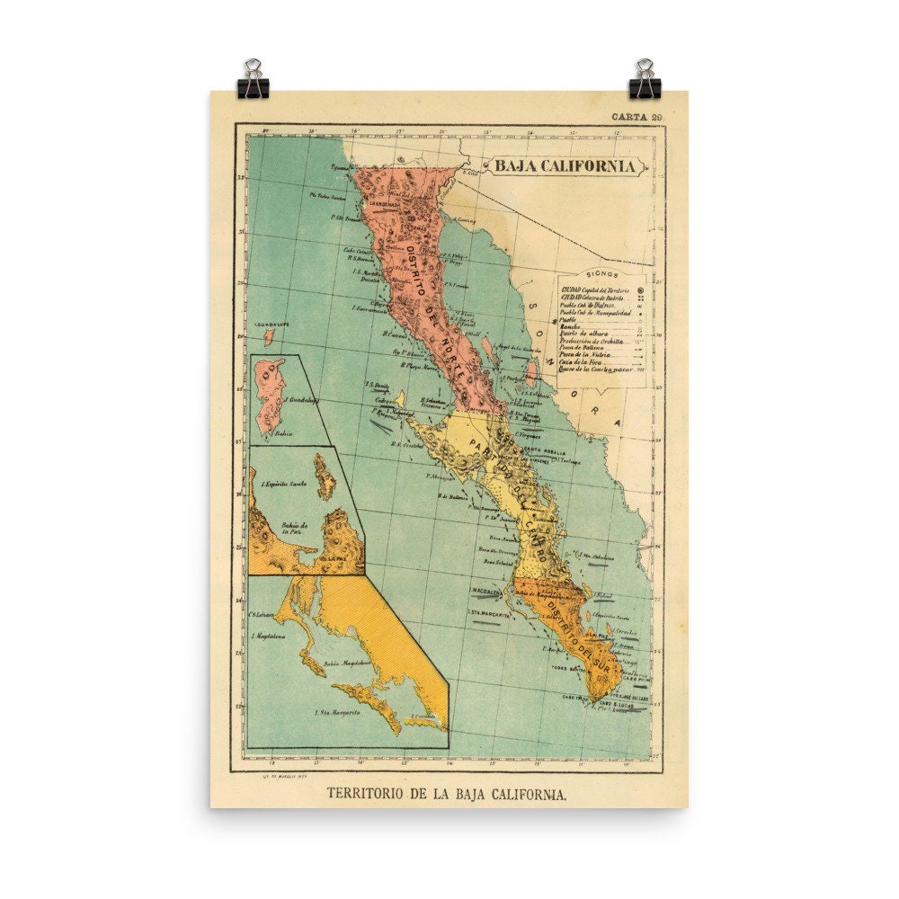 Old Californian Baja Map 1899 Vintage Baja California