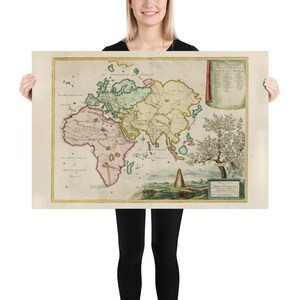 May include: An antique world map printed on paper with a decorative border. The map is divided into continents with different colours. The map is surrounded by a decorative border with a tree and a text panel.