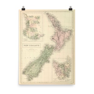 古いニュージーランド地図 (1854) ニュージーランドのヴィンテージ アトラス ポスター