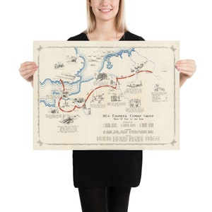 Old WWII 1104 Engineer Combat Group Route (1945) vintage D-Day to V-Day US Military Map Poster