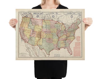 Old US Time Zone Map (1924) Vintage United States Standard Clock Regions Atlas Poster