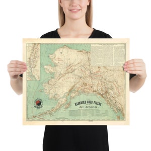 Stara mapa pól złota Klondike na Alasce (1898) Plakat Vintage Alaska Mining Atlas