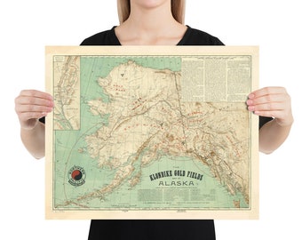 Old Alaska Klondike Gold Fields Map (1898) Vintage Alaskan Mining Atlas Poster