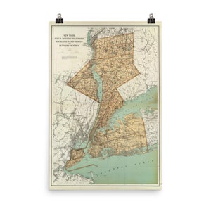 Mapa de los condados de NYC (1895) Old Kings, Queens, Westchester, Richmond County Atlas Poster
