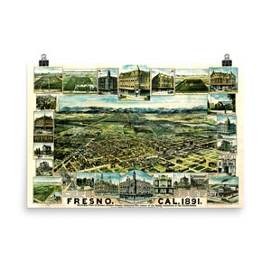 Fresno CA kaart (1890) oude San Joaquin Valley stad Atlas poster