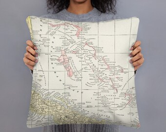 Vintage Bahamas Map Pillow (1901) Caribbean Islands Atlas Cushion
