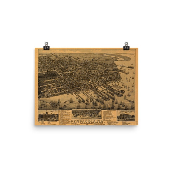 Carte de Pensacola en Floride Vintage (1885) la ville de cinq drapeaux Atlas affiche - France