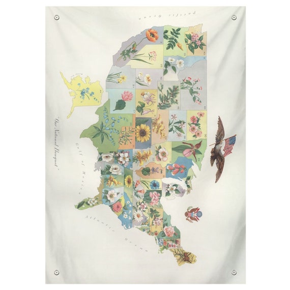 Vintage Us State Flower Botanical Map Tapestry Etsy