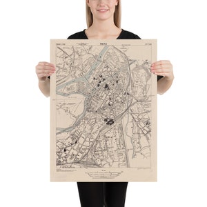Pôster Mapa antigo de Metz França (1943) Vintage francês cidade & atlas de rua