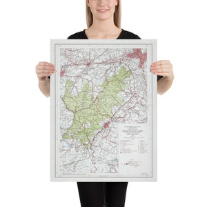 Alte Pisgah National Forest Karte (1966) Vintage NC Appalachian Mountains Wald Reserve Atlas Poster