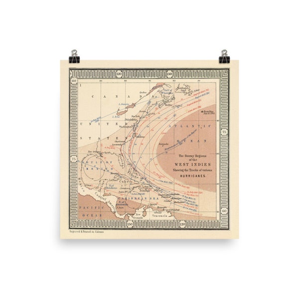 Atlantic Hurricane Map (1854) Old Fall Hurricane Tracks Atlas Poster