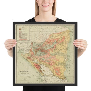 Mapa antiguo de Nicaragua (1903) Cartel enmarcado del Atlas del país de América Central vintage