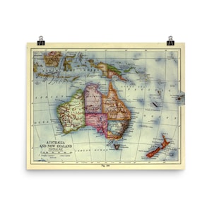 Old Australia and New Zealand Map (1921) Vintage South Pacific Atlas Poster