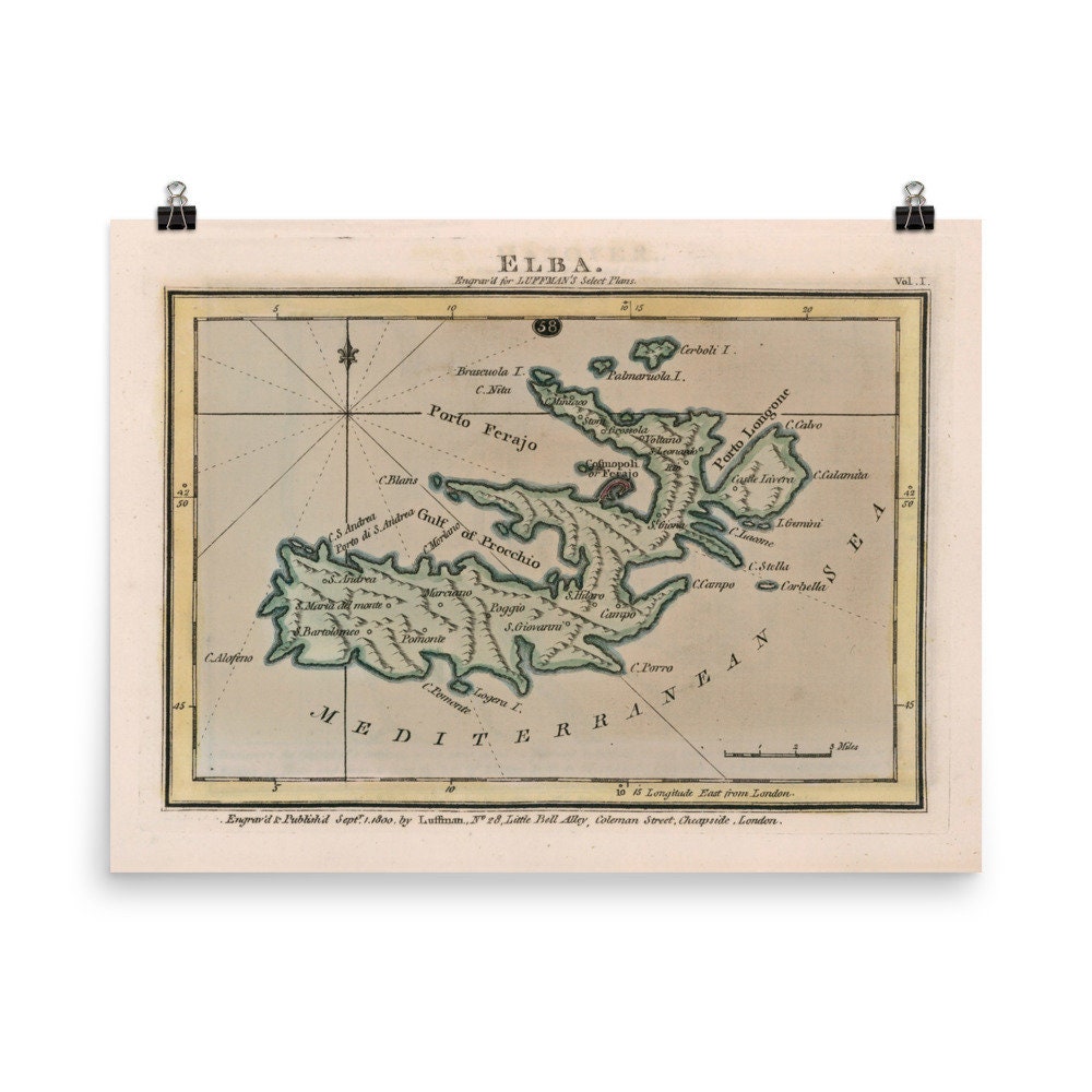 アンティーク調 イタリア古地図 額装品 古いエルバ島イタリア地図（1800年）ヴィンテージトスカーナ島地図帳