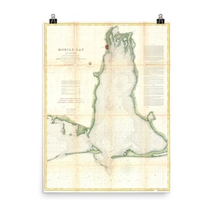 Vintage mobile Bay carte (1856) vieux Alabama côtière Atlas maritime et affiche de l’enquête