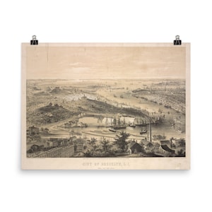 Brooklyn NY Vintage Map (1855) Old NYC Borough Bird es Eye Perspective Atlas Poster
