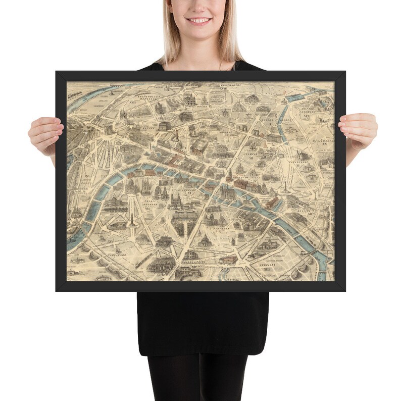 Old Paris France Map (1871) Vintage Parisian Monuments & Landmarks ...