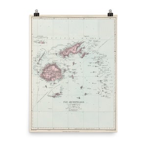 Pôster Mapa antigo de Fiji (1904) Vintage Viti Levu e Vanua Levu Vertical Atlas