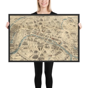 Mapa antigo de Paris França (1871) Monumentos e pontos de referência parisienses vintage Atlas Pôster emoldurado