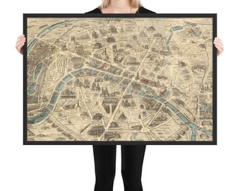 May include: A vintage map of Paris, France, in a black frame. The map shows the city's streets, landmarks, and rivers. The map is printed in black and white with some brown and blue accents.