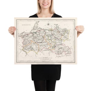 古いリムリック郡アイルランド地図 (1846) ヴィンテージ Contae Luimnigh Atlas ポスター