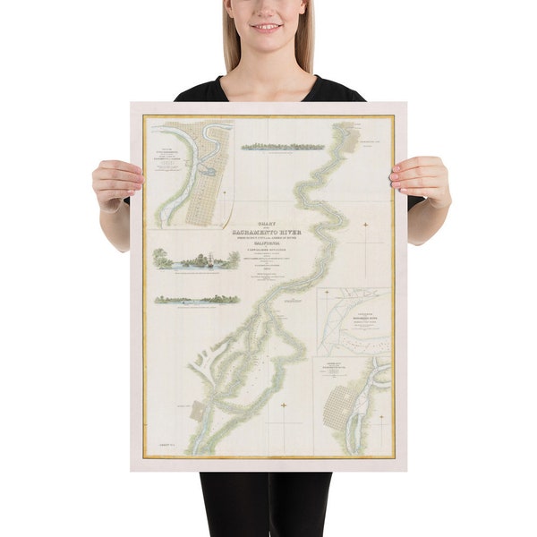 Old Sacramento River Map (1850) Vintage Northern California Waterway Atlas Poster