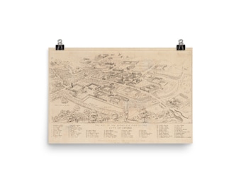 May include: A vintage black and white illustration of the city of Oxford, England. The map shows the layout of the city with buildings, streets, and landmarks. The text "The City of Oxford" is printed at the bottom of the map.