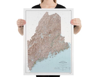 Maine Relief Map (1977) The Pine Tree State Topographical Atlas Poster