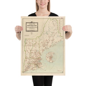 Alte New England Industrie Karte (1919) Vintage Fabrik & Herstellung Atlas Poster