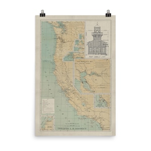 Old US West Coast Lighthouse Map (1898) Vintage Pacific States Light Stations Atlas Poster