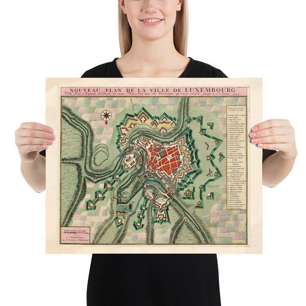 Old Luxembourg City Map (1744) Vintage Stadt Luxemburg Atlas Poster