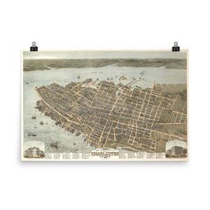 Charleston SC Mapa (1872) Pájaros Ojo Perspectiva Atlas Cartel