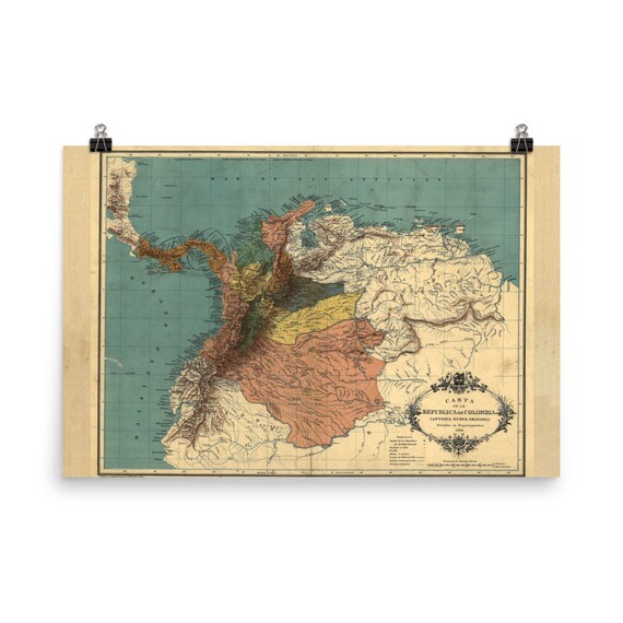 古いコロンビア地図 (1886) ヴィンテージ ラテンアメリカ国別地図