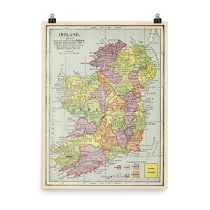 Mapa de Irlanda Vieja (1910) Vintage Coloridos Condados Atlas Cartel