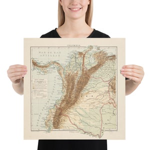 Old Colombia Map (1875) vintage Colombie Topography - Physical Geography Atlas Poster