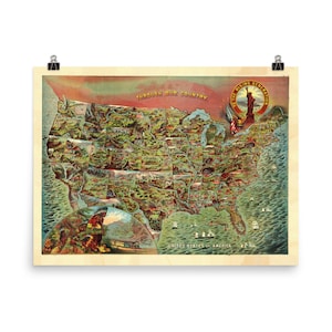 US Pictorial Map (1870) Old United States Atlas with Cities Poster
