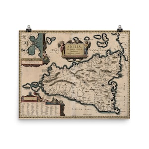 May include: An antique map of Sicily, titled "Sicilia Veteris Typus." The map is in shades of brown, blue, and green, with text in Latin. The map shows the island of Sicily, with its surrounding islands and the Mediterranean Sea. The map is surrounded by a decorative border.