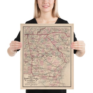 Old Georgia County and Railroad Map (1878) vintage Peach State Atlas Poster