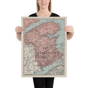 古いニューブランズウィック州カナダ地図 (1925 年) ヴィンテージ カナダ州地図帳ポスター